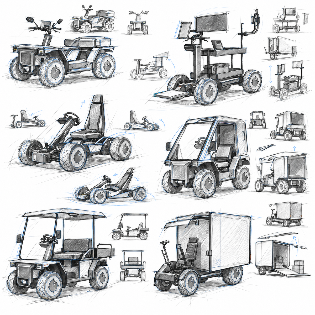 A collage of hand-drawn technical sketches and concept renderings of UPT on a white background, with some blue motion-arrow annotations.