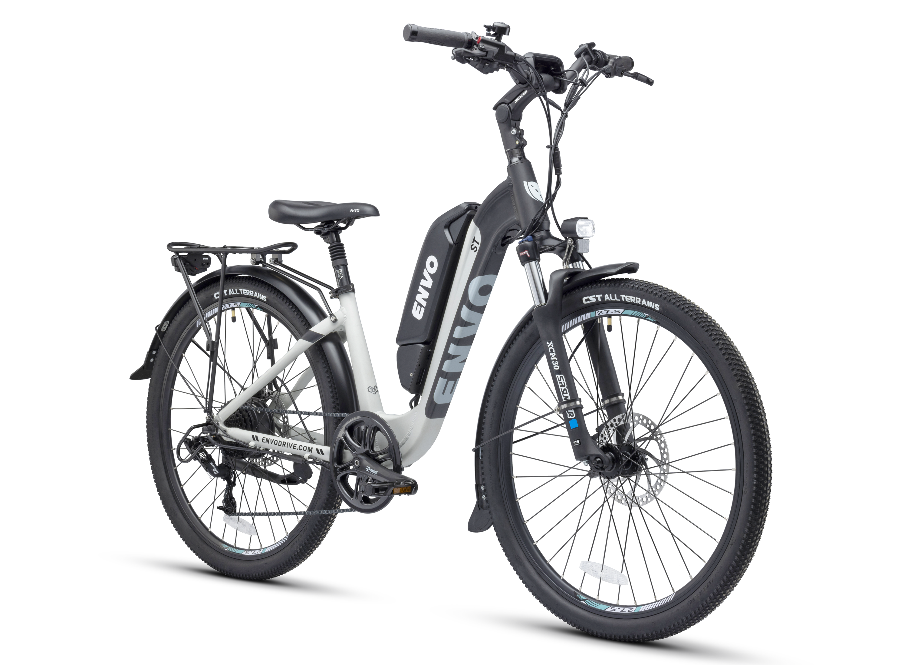 step through electric bike - ENVO ST pearl color front view