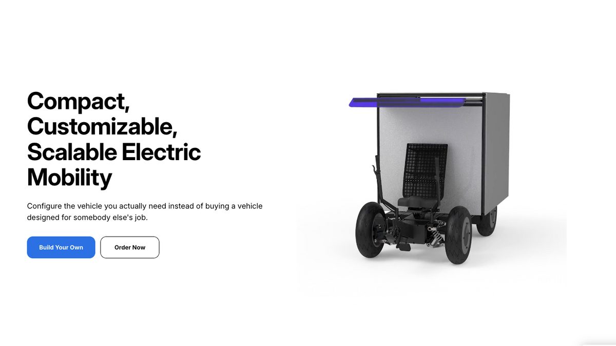 A promotional webpage screenshot for Modular-EV eV3, showing a compact electric mobility cart on a white background with marketing text on the left and the vehicle on the right.