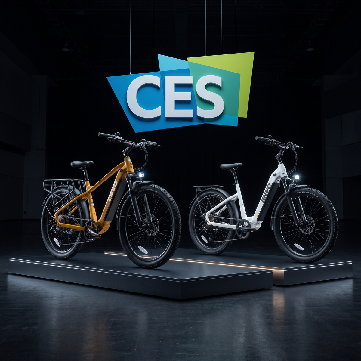 Two electric bicycles displayed side by side on a dark stage under a large CES logo.