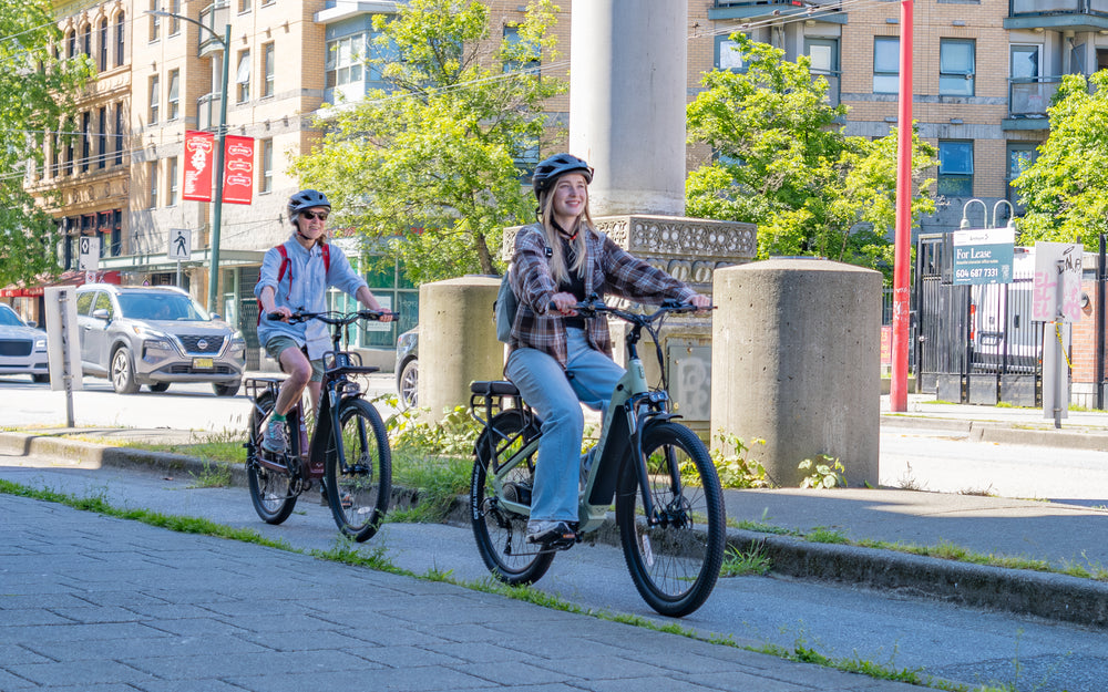 ENVO step-through electric bike on a paved cycling path in Vancouver