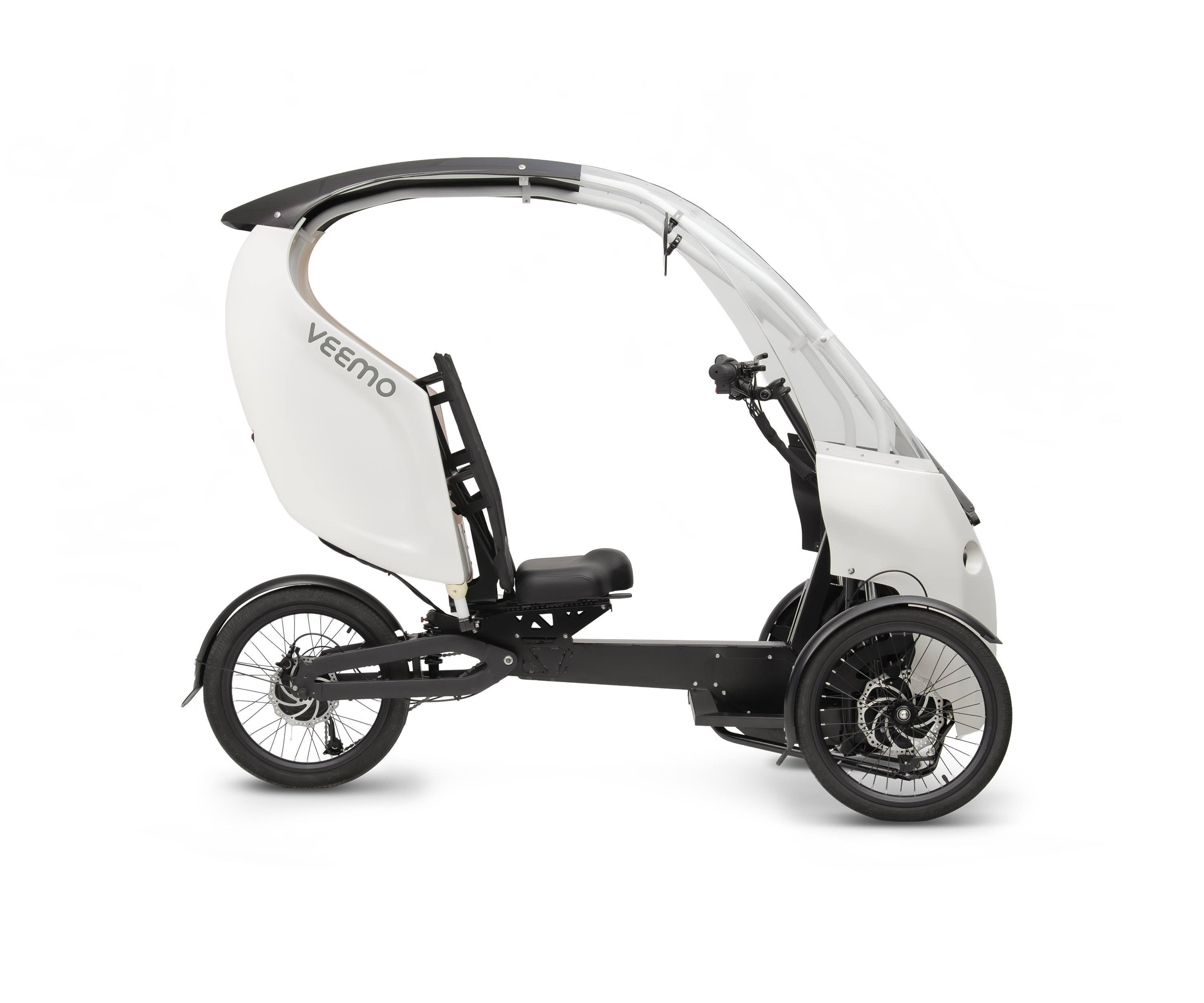 Veemo SE enclosed electric velomobile — yellow canopy trike on white background