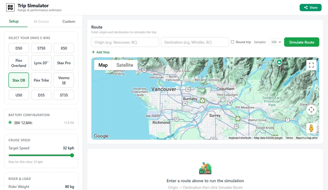 ENVO Trip Simulator with the Stax DropBar selected, mapping range for your own route